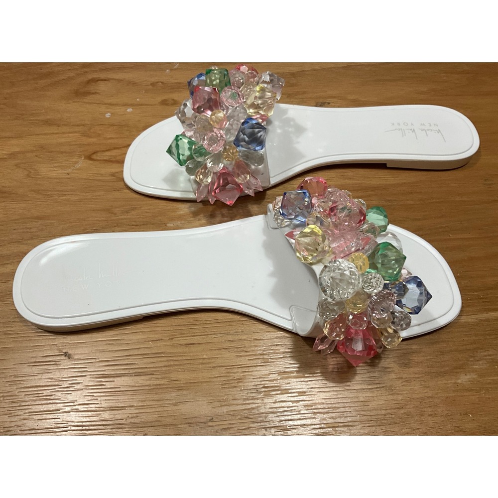 Nicole Miller New York Multi Color Jewel Embellished Slide Sandals White Size 10